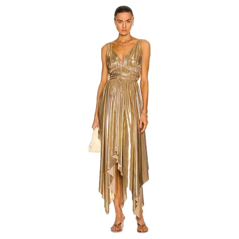 Norma Kamali Metallic Gold Asymmetrical Pleated Dress